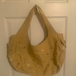Disney Store Tan Canvas Hobo Bag w/ Gold Embroidered Mickey Mouse Logo